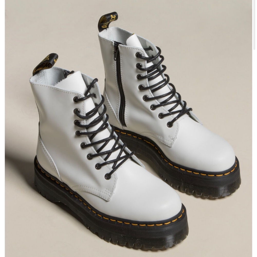 Dr. Martens White Leather Platform Combat Boots with Black Lug Sole